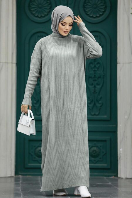 Grey Muslim Long Knitwear Dress Style 34150GR Neva Style