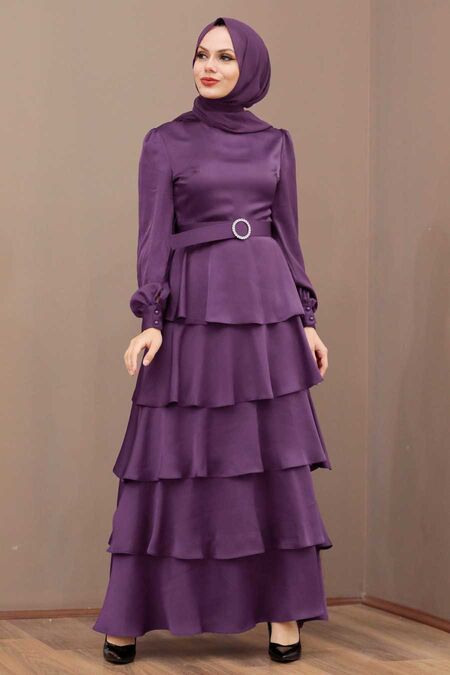 Purple Turkish Hijab Muslim Evening Dress 3037MOR Neva Style