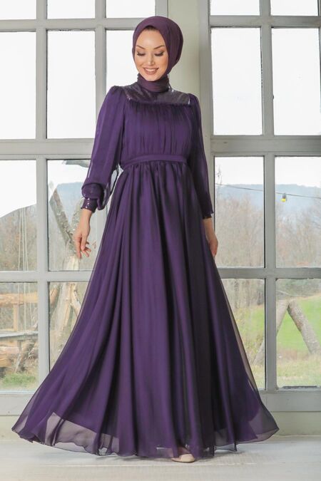 Purple Hijab Evening Dress 32930MOR Neva Style