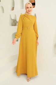  Modern Acidic Yellow Hijab Long Sleeve Dress 3295AS - 1