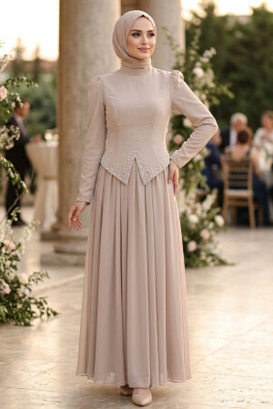 Adriana Beige Stone Detail Modest Evening Dress 21592BEJ - 