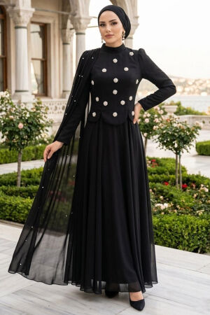 Adriana Black Pearl Detail Cape Modest Evening Dress 5680S - 
