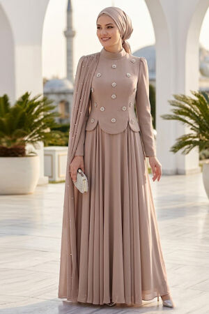 Adriana Dark Beige Pearl Detail Cape Modest Evening Dress 5680KBEJ - 