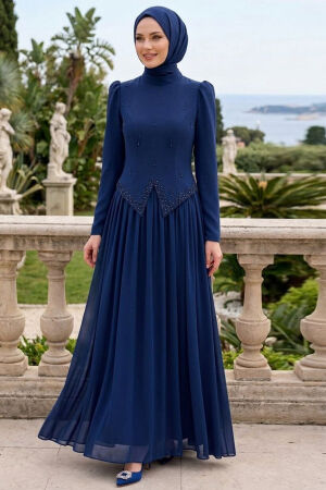 Adriana Dark Indigo Blue Stone Detail Modest Evening Dress 21592KIM - 