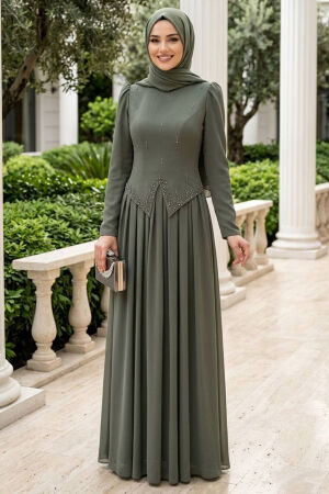Adriana Dark Khaki Stone Detail Modest Evening Dress 21592KHK - 