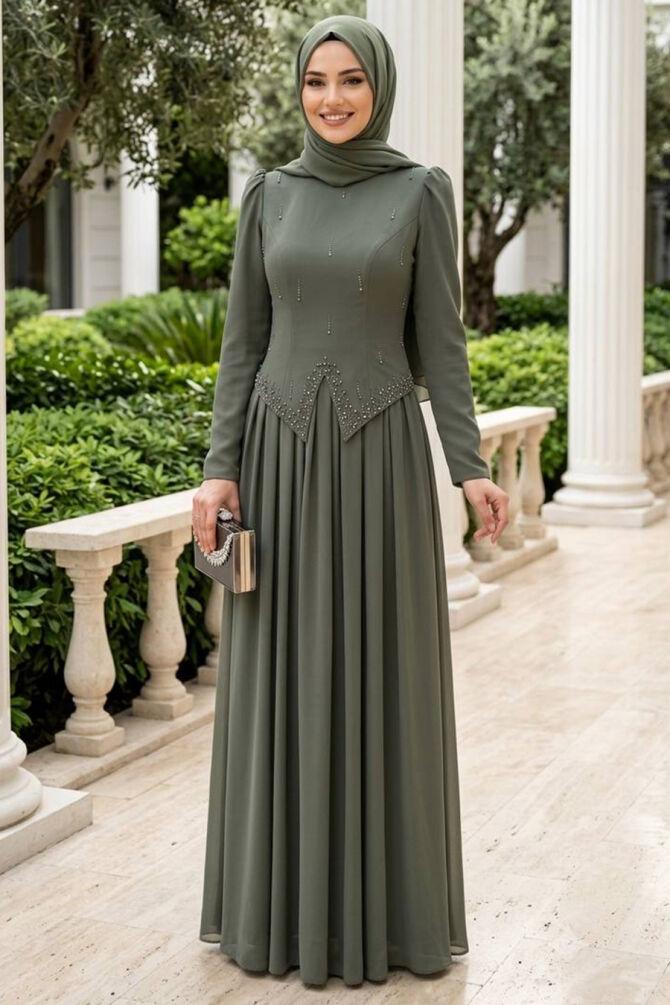 Adriana Dark Khaki Stone Detail Modest Evening Dress 21592KHK - 