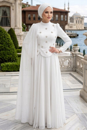 Adriana Ecru Pearl Detail Cape Modest Evening Dress 5680E - 