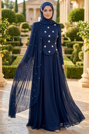 Adriana Navy Pearl Detail Cape Modest Evening Dress 5680L - 