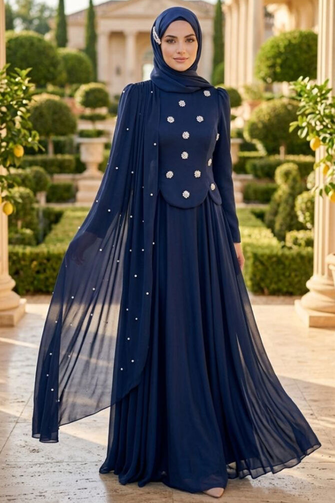 Adriana Navy Pearl Detail Cape Modest Evening Dress 5680L - 