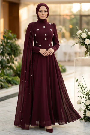 Adriana Plum Pearl Detail Cape Modest Evening Dress 5680MU - 
