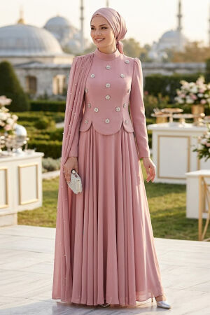 Adriana Powder Pink Pearl Detail Cape Modest Evening Dress 5680PD - 