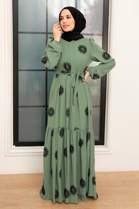 Almond Green Hijab Dress 10281CY - NEVA STYLE