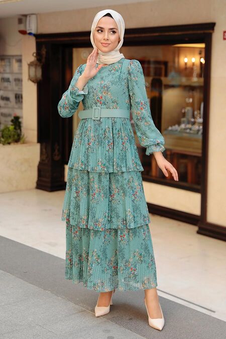 Almond Green Hijab Dress 11470CY - NEVA STYLE