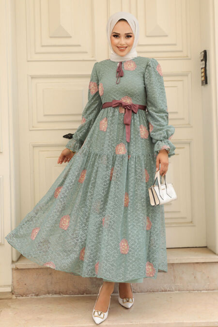 Almond Green Hijab Dress 1216CY - NEVA STYLE