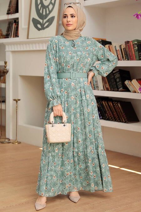 Almond Green Hijab Dress 2270CY - NEVA STYLE