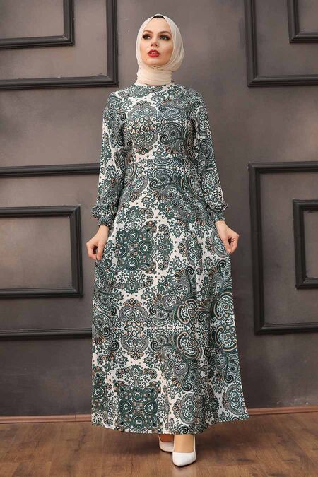 Almond Green Hijab Dress 27615CY - NEVA STYLE