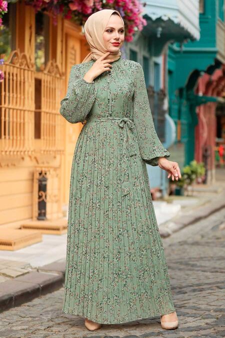 Almond Green Hijab Dress 27890CY - NEVA STYLE