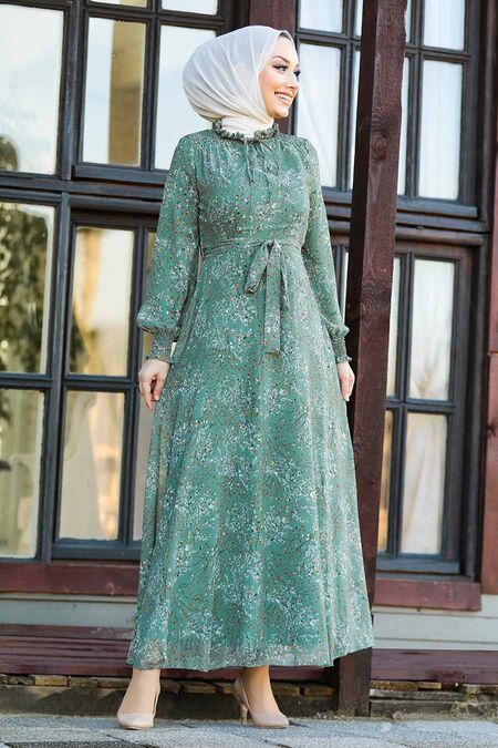 Almond Green Hijab Dress 27908CY - NEVA STYLE