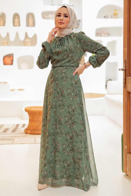 Almond Green Hijab Dress 27923CY - NEVA STYLE