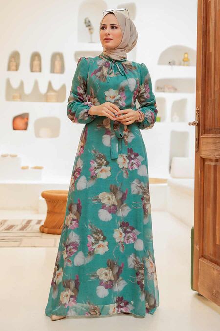 Almond Green Hijab Dress 27926CY - NEVA STYLE