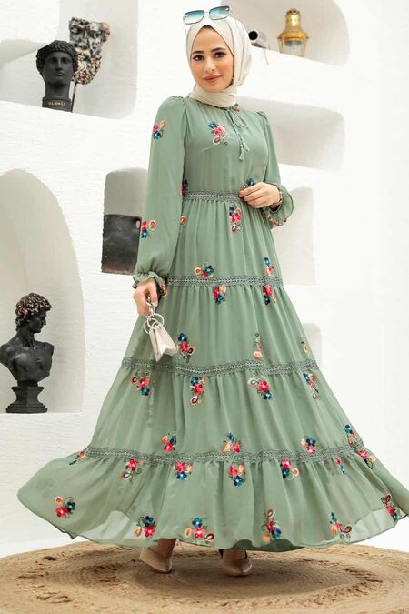 Almond Green Hijab Dress 32810CY - NEVA STYLE