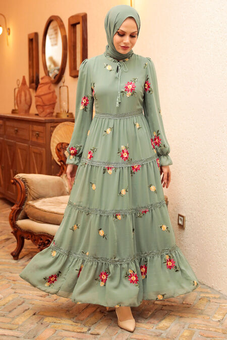 Almond Green Hijab Dress 32811CY - NEVA STYLE