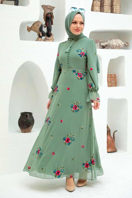 Almond Green Hijab Dress 32943CY - NEVA STYLE