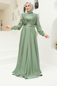  Long Sleeve Almond Green Islamic Long Sleeve Maxi Dress 3454CY - 1