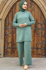 Almond Green Hijab Knitwear Suit Dress 4052CY - 1