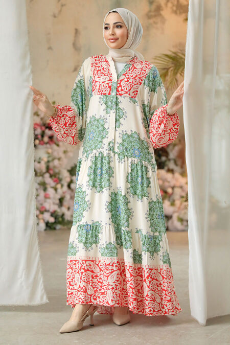 Almond Green Modest Floral Dress 18234CY - Neva-style.com