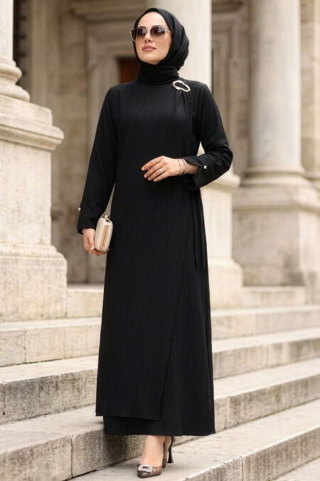 Asymmetric Detailed Black Modest Dress 19303S - 