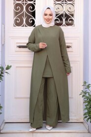 Asymmetric Detailed Khaki Modest Two-Piece Set 76471HK - 1