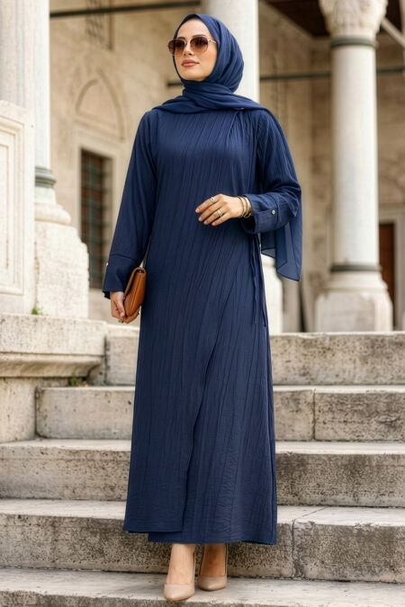 Asymmetric Detailed Navy Blue Modest Dress 19303L - 