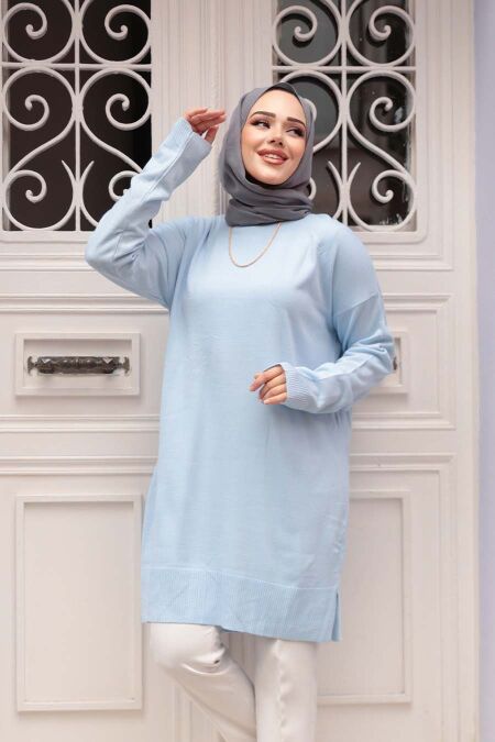 Baby Blue Knit Modest Sweater Tunic 17203BM - NEVA STYLE