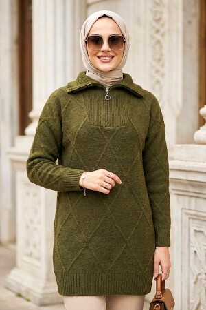 Diamond Detailed Dark Khaki Modest Knit Sweater Tunic 83961KHK - 1