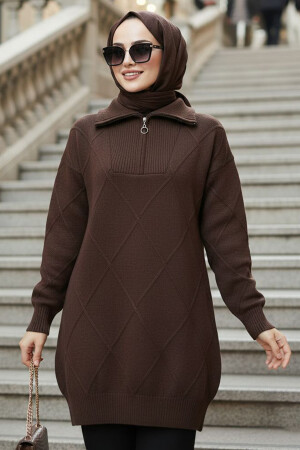 Diamond Detailed Dark Brown Modest Knit Sweater 83961KKH - 1