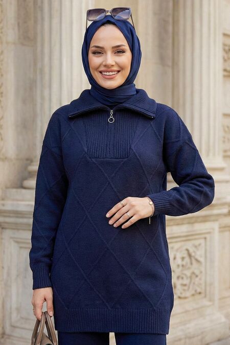 Diamond Detailed Dark Navy Blue Modest Knit Sweater 83961KL - 