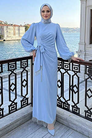 Balloon Sleeve Baby Blue Modest Evening Dress 62251BBM - 