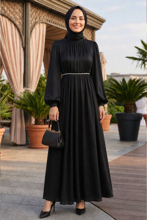 Balloon Sleeve Black Modest Evening Dress 62312S - 