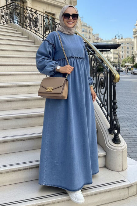 Balloon Sleeve Blue Modest Denim Dress 19173M - 