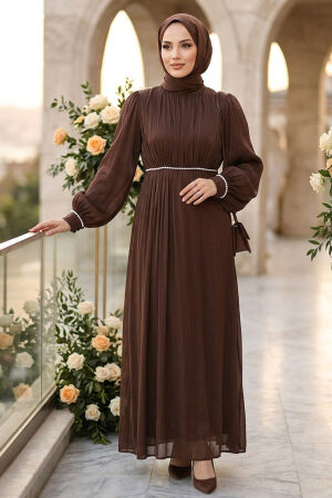 Balloon Sleeve Brown Modest Evening Dress 62312KH - 