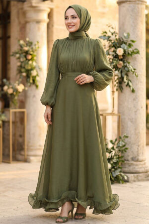 Balloon Sleeve Dark Khaki Modest Evening Dress 6278KHK - 