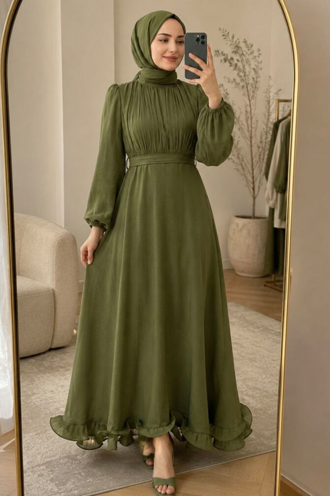 Balloon Sleeve Dark Khaki Modest Evening Dress 6278KHK - 