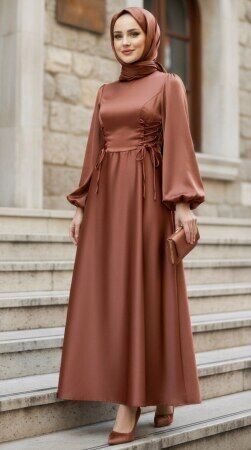 Balloon Sleeve Dark Salmon Satin Modest Evening Dress 61501KSMN - 