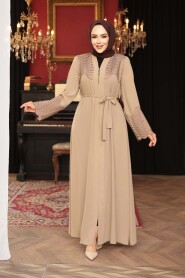 Bead Detailed Beige Modest Abaya 29105BEJ - 2
