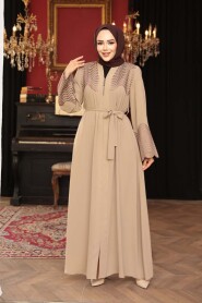Bead Detailed Beige Modest Abaya 29105BEJ - 3