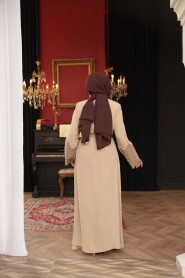 Bead Detailed Beige Modest Abaya 29105BEJ - 5