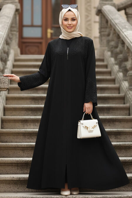 Bead Detailed Black Modest Abaya 29105SS - NEVA STYLE