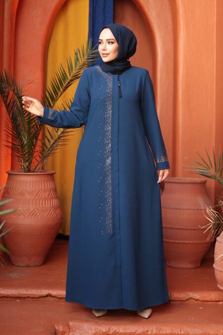 Bead Detailed Indigo Blue Modest Abaya 26331IM - NEVA STYLE