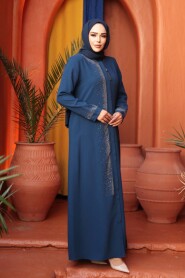 Bead Detailed Indigo Blue Modest Abaya 26331IM - 2